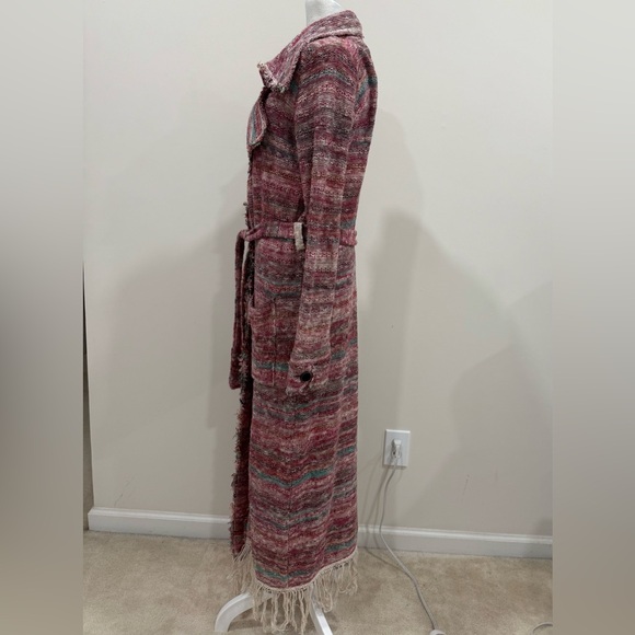 Free People Maxi Coat Duster Desert Sunrise Fringe Hem Belt Button Small XS - Picture 3 of 8